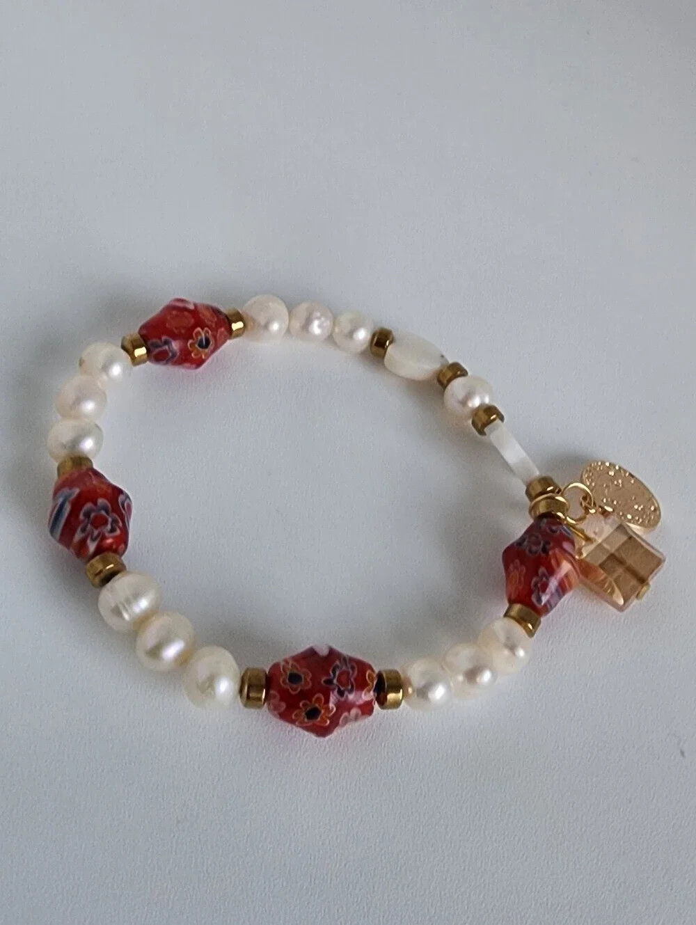 Baroque Freshwater Pearl Millefiori Charm Bracelet Gold Tone